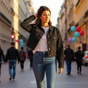 Stylish Women's Cropped Outerwear Black Denim Jean Jacket In Black